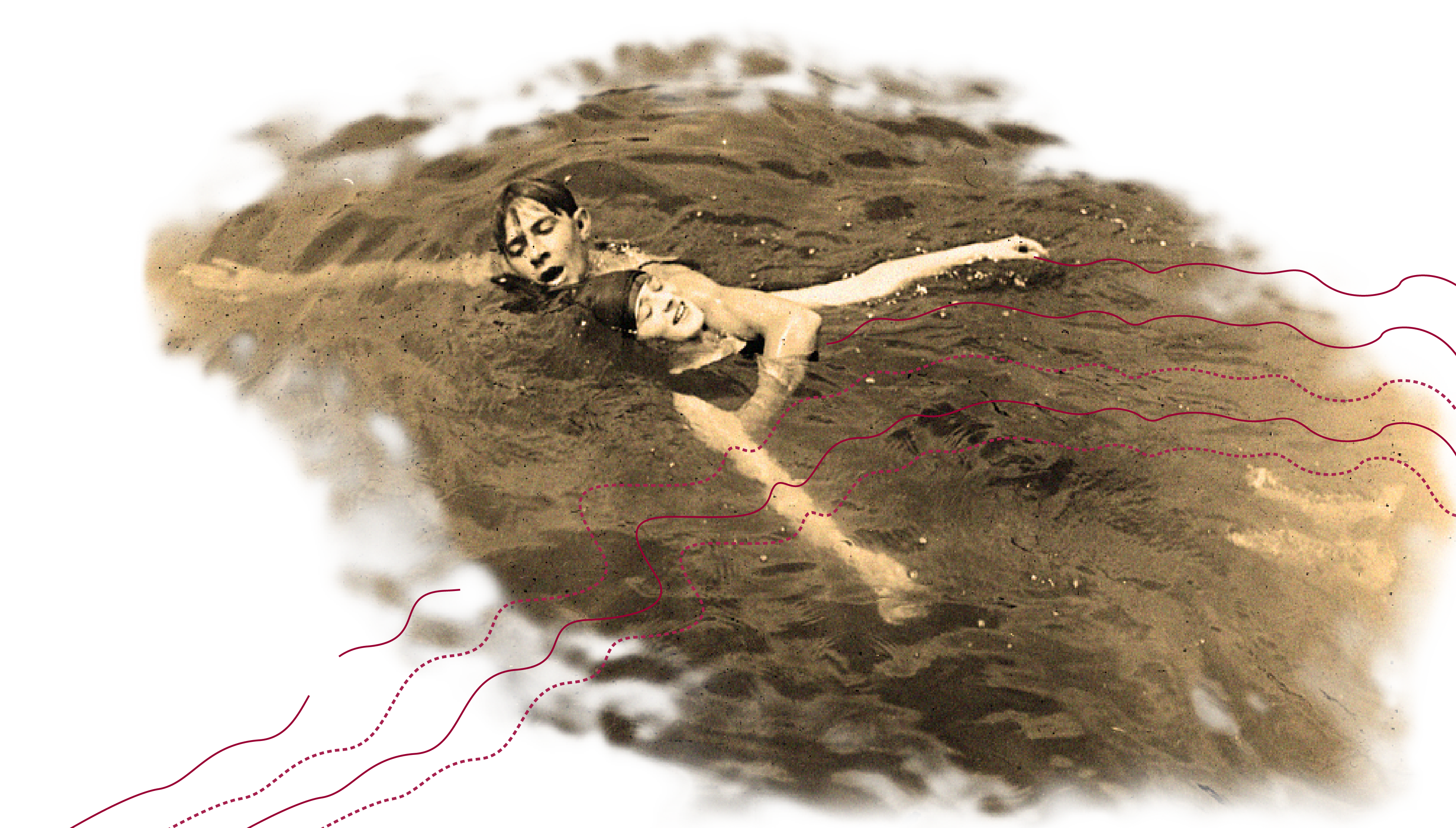 A couple swimming in water surroanded by squiggly line graphic